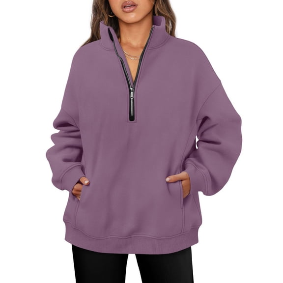 Casual Oversized Zip Sweatshirt for Women Long Sleeve Fleece Pullover Loose Fit Hooded Tops with Pocket