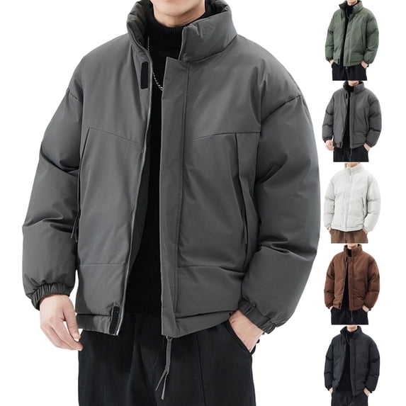 Casual Packable Coats for Men Stand Collar Full Zip Up Puffer Jackets Oversized Loose Fit Windproof Quilted Winter Coat with Drawstring Hem and Zipper Side Pockets