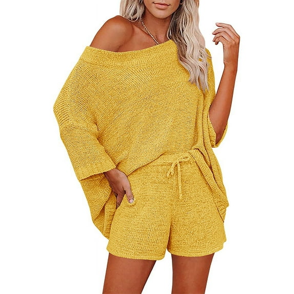 Casual Pajama Set Womens 2 Piece Outfits Off Shoulder Knit Tops and Shorts Suits