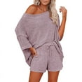 thumbnail image 1 of Casual Pajama Set Womens 2 Piece Outfits Off Shoulder Knit Tops and Shorts Suits, 1 of 3