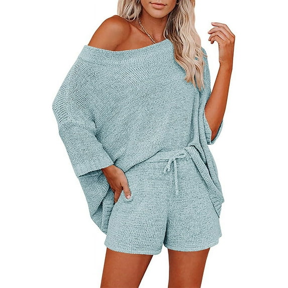 Casual Pajama Set Womens 2 Piece Outfits Off Shoulder Knit Tops and Shorts Suits