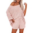 thumbnail image 1 of Casual Pajama Set Womens 2 Piece Outfits Off Shoulder Knit Tops and Shorts Suits, 1 of 3