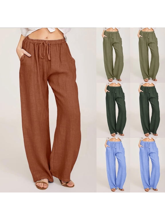 Casual Pant For Women Cotton Linen Loose Wide Leg Drawstring Elastic Waist Pants With Pocket Beach Palazzo Pants Plus Size