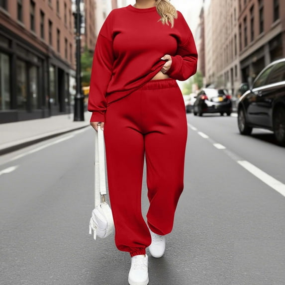 Casual Pant Suits for Women Trendy New Plus Size 2 Piece Sets for Curvy Women Fall Long Sleeve Sweatshirt Casual Wide Leg Pants Sets Sweatsuits Red 3XL