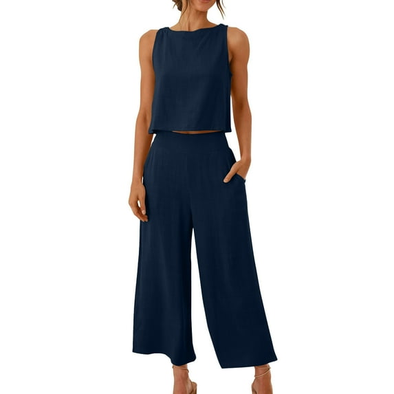 Casual Pant Suits for Women Trendy New Women's Sleeveless Tank Exposed Navel Side Pockets Wide Legs Pants Set Suit Navy XXL