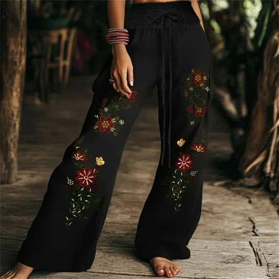 Casual Pants For Women Elastic High Waist Drawstring Wide Leg Print Trousers Plus Size Stylish Vintage Baggy Long Pants (XXL, Black)