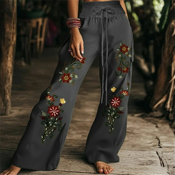 Casual Pants For Women Elastic High Waist Drawstring Wide Leg Print Trousers Plus Size Stylish Vintage Baggy Long Pants (XXL, Dark Gray)