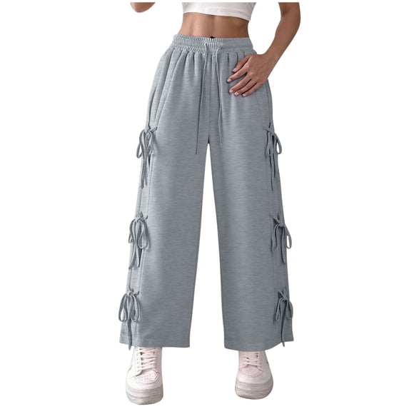 Casual Pants For Women Sevevn Women's Baggy Sweatpants Elastic Waist Casual Bow Tie Straps Wide Leg Pants with Pocket Travel Pants