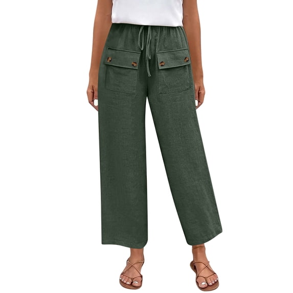 Casual Pants For Women Sevevn Women's Linen Blend Wide Leg Cropped Pants High Waist Drawstring Casual Capris with Pockets Green L