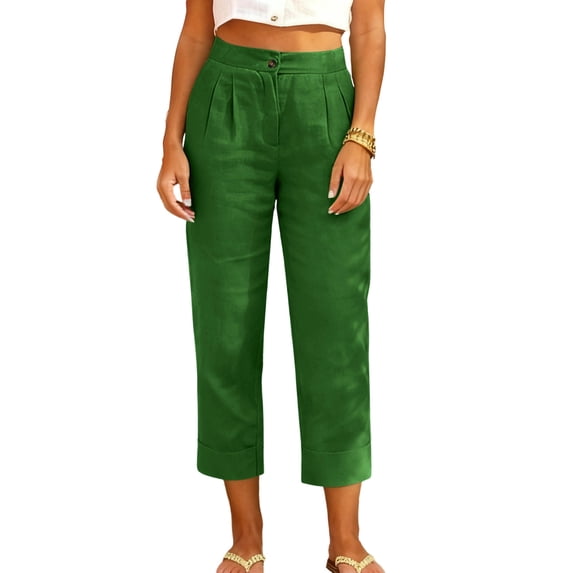 Casual Pants For Women Sevevn Women's Linen High Waist Pleated Cropped Pants Rolled Cuff Button Front Casual Trousers Green XL