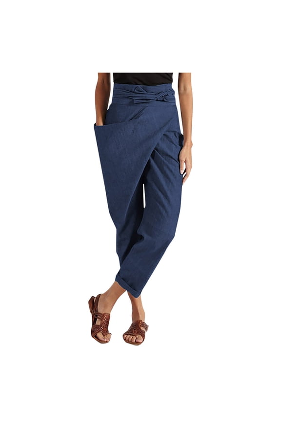 Casual Pants For Womens Boho Yoga Pants Harem Pants Jogger Pants Women's Casual High-waist Strapped Solid Color Trousers Dark Blue XXXXL