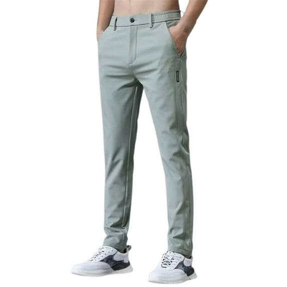 Casual Pants for Men Solid Color Slim Fit Elastic Waist Button Business Suit Trousers Summer Fall Comfortable Outdoor Activities Slacks for Men Light Green 32