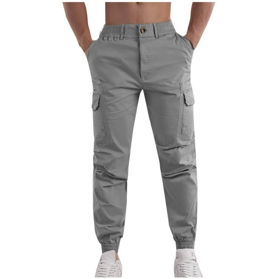 Casual Pants for Mens Big and Tall Fashion Plus Size Solid Color Cargo Pockets Elastic Rope Waist Casual Cargo Pants Full Length Pants
