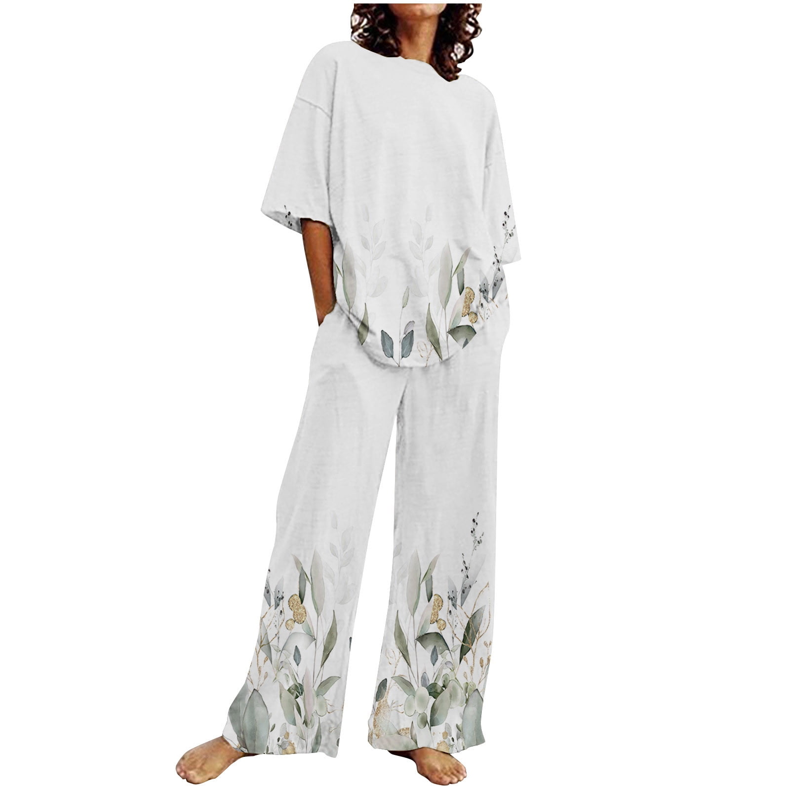 Casual Pants Sets Women 2 Piece Outfits Lounge Set Pants Plus Two Piece Outfits for Women White