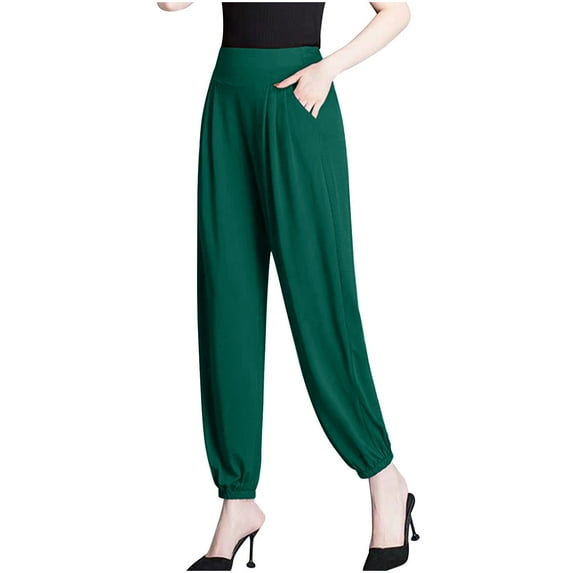Casual Pants for Women 2025 Trendy New Womens Plus Size Pants Casual High Waisted Pleated Pockets Jogger Baggy Pant Solid Color Comfy Trousers Green L
