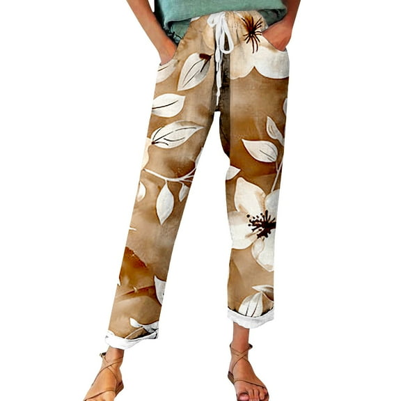 Casual Pants for Women 2025 Trendy Women's Autumn Fragrant Linen Linen Vintage Floral Print Casual Pants – Perfect for Spring Comfortable And Trendy for Relaxed Days And Everyday Wear Brown