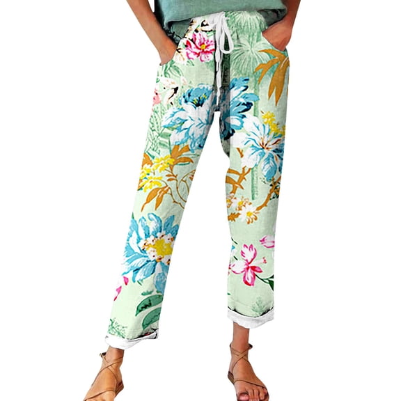 Casual Pants for Women 2025 Trendy Women's Autumn Fragrant Linen Linen Vintage Floral Print Casual Pants – Perfect for Spring Comfortable And Trendy for Relaxed Days And Everyday Wear Green
