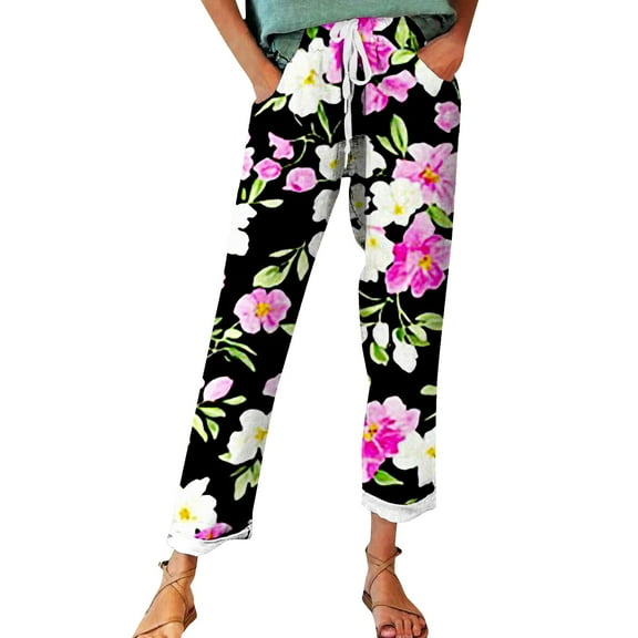 Casual Pants for Women 2025 Trendy Women's Autumn Fragrant Linen Linen Vintage Floral Print Casual Pants – Perfect for Spring Comfortable And Trendy for Relaxed Days And Everyday Wear Hot Pink