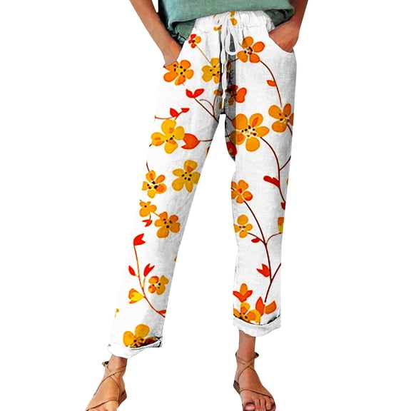 Casual Pants for Women 2025 Trendy Women's Autumn Fragrant Linen Linen Vintage Floral Print Casual Pants – Perfect for Spring Comfortable And Trendy for Relaxed Days And Everyday Wear Orange