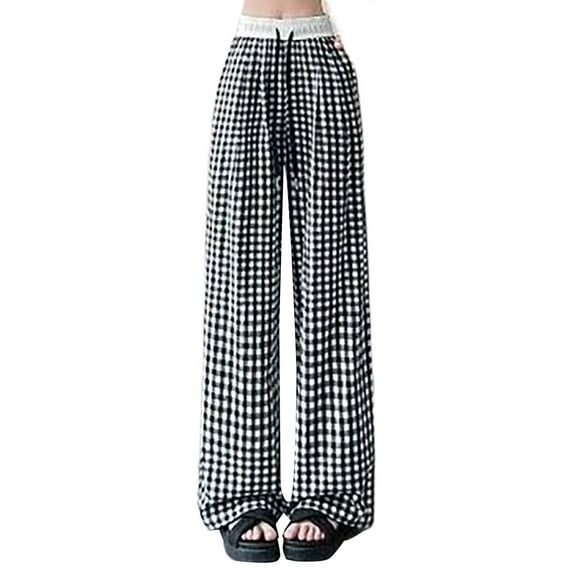 Casual Pants for Women, Audhol Women's Spring Contrasting Plaid Belt Drawstring Elastic High Waisted Loose Casual Pants Plaid Pants for Women Black 3XL