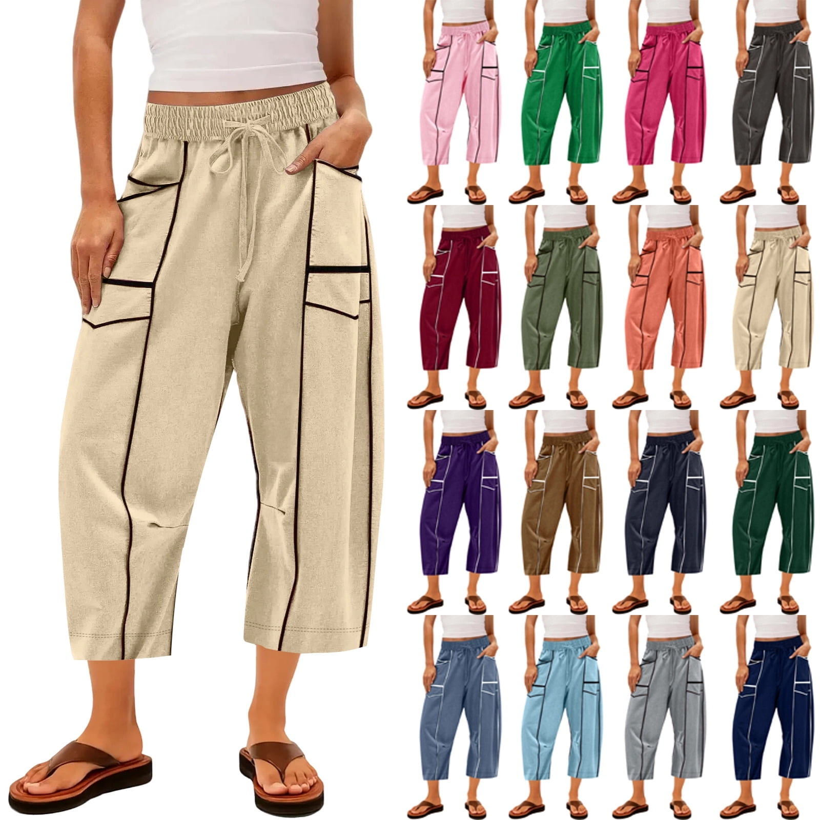 Casual Pants for Women Barrel Wide Leg Elastic Drawstring Waist ...