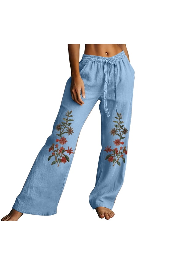 Casual Pants Women Casual Daily Embroidery Flower Cotton Linen Western Retro Style Plus Size Pants