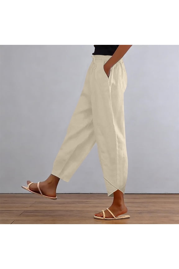 Casual Pants Women Casual and Short Stacked V Slub Cotton Trousers