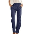 thumbnail image 1 of Casual Pants for Women Elastic High Waisted Adjustable Drawstring Straight Leg Long Trousers with Pockets Solid Color Lightweight Comfy Stretchy Soft Travel Pants Dark Blue M, 1 of 4