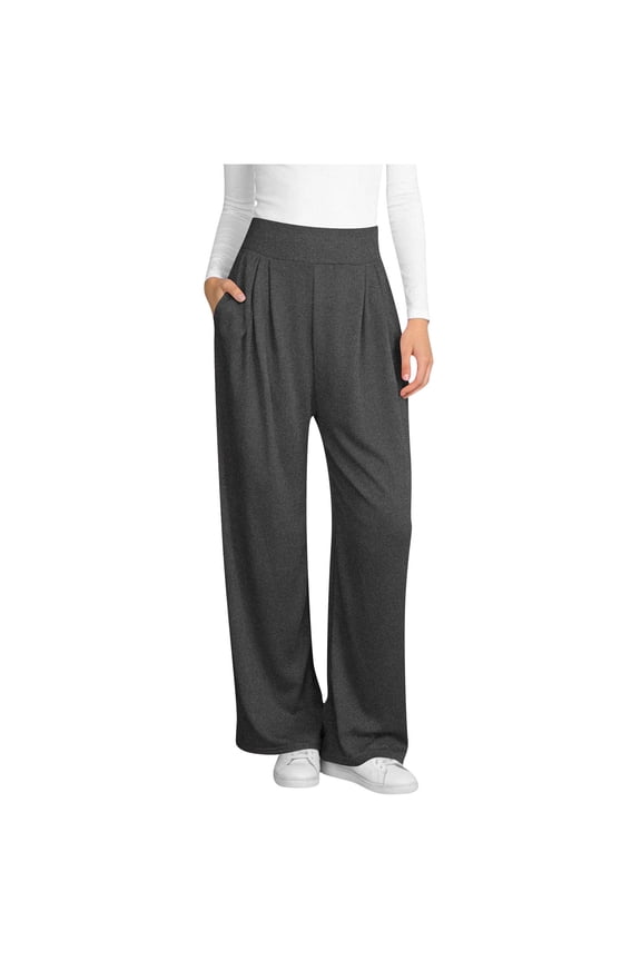 Casual Pants for Women High Waist Trousers Wide Leg Pleated Long Pants Elastic Soft Knit Trousers with Pocket Solid Flowy Loose Jogger Pant Lounging Weekend Activities