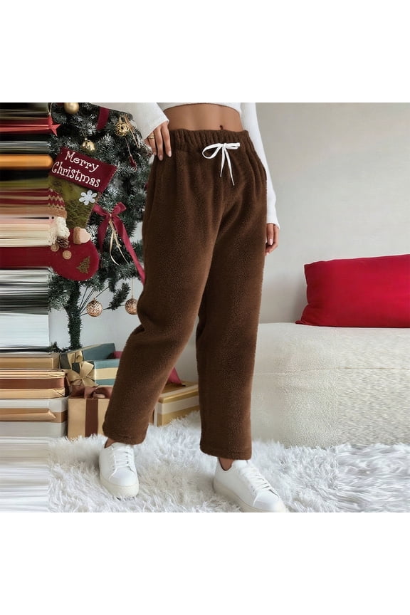Casual Pants for Women Long Length New Womens Pajamas Pants Winter Fleece Comfy Loungewear Pants Sleep Bottoms Flannel Pjs Trousers Sleepwear for Ladies Brown S