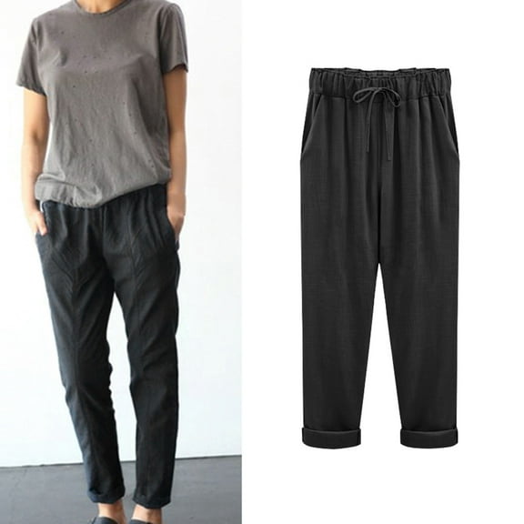 Casual Pants Women Plus Size High Waist Fashion Summer Solid Color Loose Casual Ladies Cotton Linen Cropped Pants