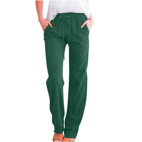 Casual Pants for Women Solid Color Adjustable Drawstring Straight Leg Trousers with Pockets Elastic High Waisted Lightweight Comfy Soft Formal Pants Dark Green XXXL