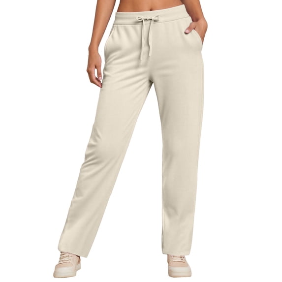 Casual Pants for Women Solid Color High Waisted Straight Leg Elastic Waistband Gym Trousers with Pockets Comfortable Fall Winter Athletic Sport Women Slacks Beige XL
