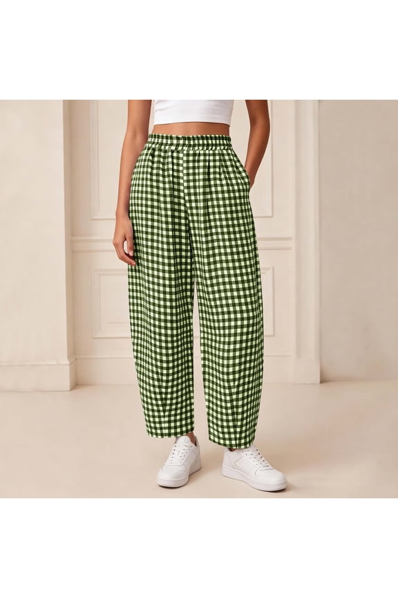 Casual Pants For Women Travel Ready Everyday Wear Elastic Waist With Pockets Summer Straight Leg Plaid Classic Casual Relaxed Lounge Relaxed Fit Relaxed Weekend Wear Army Green M