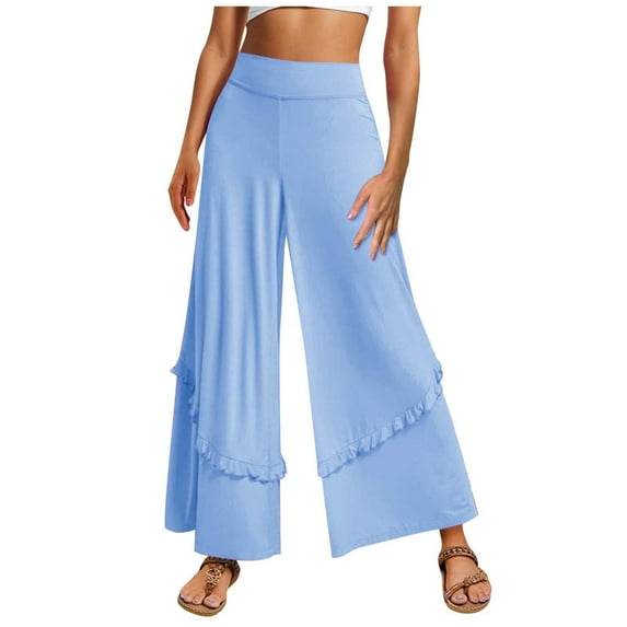 Casual Pants for Women Women's Solid Color Loose High Waisted Ruffled Flower Wide Leg Fitness Yoga Casual Pants Ladies Warm up Women plus Size Summer Womens Drawstring High Waist Ruched Blue XL