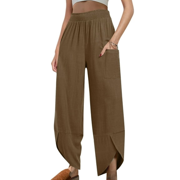 Casual Pants for Womens Cotton and Linen Plus Size Solid Color Elastic Waist Irregular Pants With Pockets At The Bottom Of The Pants