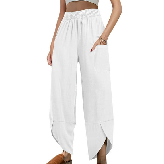 Casual Pants for Womens Cotton and Linen Plus Size Solid Color Elastic Waist Irregular Pants With Pockets At The Bottom Of The Pants