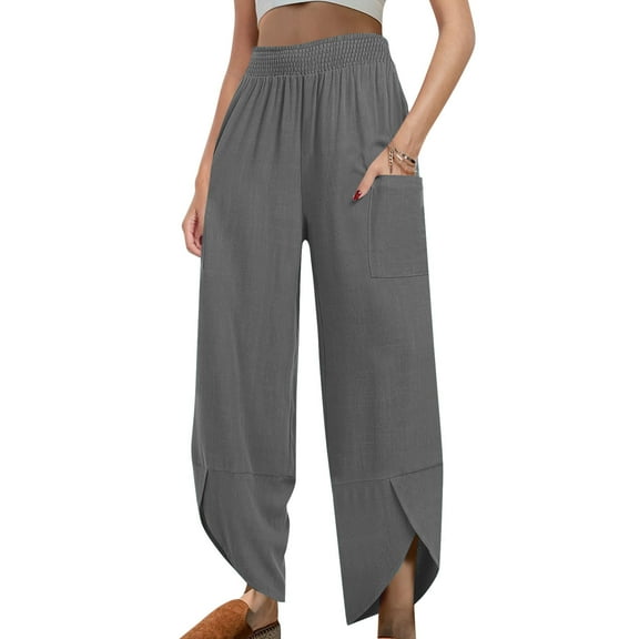 Casual Pants for Womens Cotton and Linen Plus Size Solid Color Elastic Waist Irregular Pants With Pockets At The Bottom Of The Pants