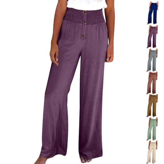 Casual Pants for Womens Cotton and Linen Plus Size Solid Color Pants Comfortable Elastic High Waist Wide Leg Casual Loose Beach Pants Save to 65% off!