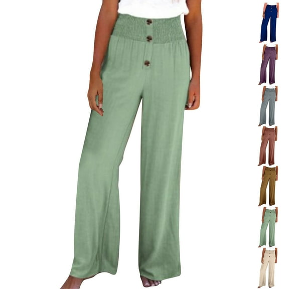 Casual Pants for Womens Cotton and Linen Plus Size Solid Color Pants Comfortable Elastic High Waist Wide Leg Casual Loose Beach Pants Save to 65% off!