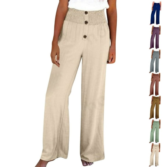 Casual Pants for Womens Cotton and Linen Plus Size Solid Color Pants Comfortable Elastic High Waist Wide Leg Casual Loose Beach Pants Save to 65% off!