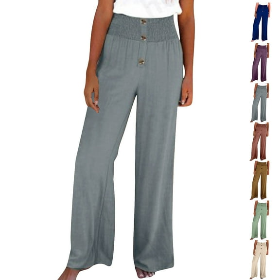 Casual Pants for Womens Cotton and Linen Plus Size Solid Color Pants Comfortable Elastic High Waist Wide Leg Casual Loose Beach Pants Save to 65% off!