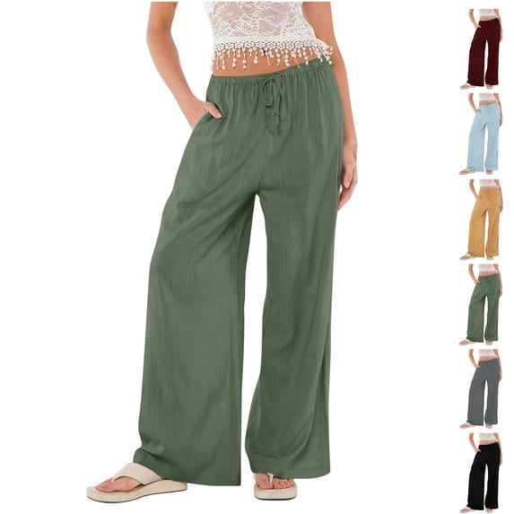 Casual Pants for Womens Elastic Waist Fashion Plus Size Summer Casual Solid Color Linen Wide-legged Pants Bohemian Wind Beach Pants Drawstring Loose Pants Elastic Waist Casual Pants Up to 65% off!