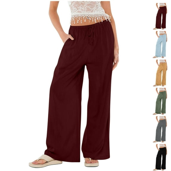 Casual Pants for Womens Elastic Waist Fashion Plus Size Summer Casual Solid Color Linen Wide-legged Pants Bohemian Wind Beach Pants Drawstring Loose Pants Elastic Waist Casual Pants Up to 65% off!