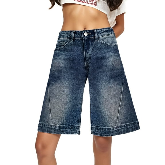 Casual Pants for Womens Wide Leg Pants Retro Blue Five Point Jeans Women's Summer High Waisted Loose Skinny Versatile Wide Legged Straight Leg Medium Pants