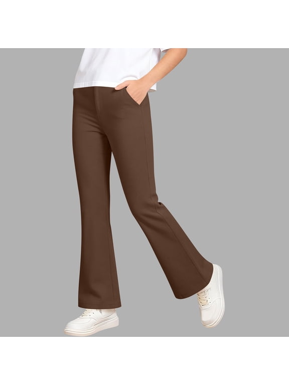Casual Pants for Boys and Girls Solid Flare Leg Pants for Back to School Travel and Daily Wear Brown 11-12 Years