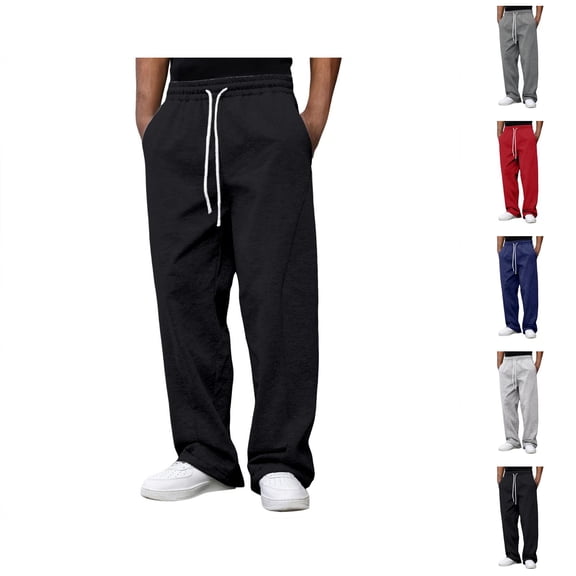 Casual Pants for Men 2025 Solid Color Drawstring Elastic Waist Straight Wide Leg Loose Pants with Pockets Trousers
