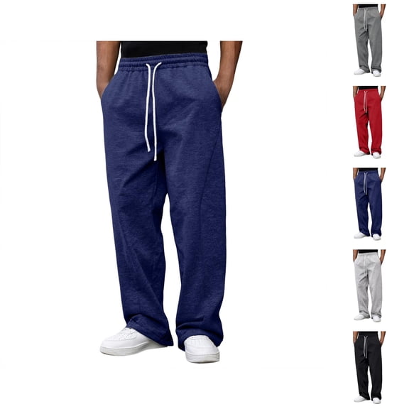 Casual Pants for Men 2025 Solid Color Drawstring Elastic Waist Straight Wide Leg Loose Pants with Pockets Trousers