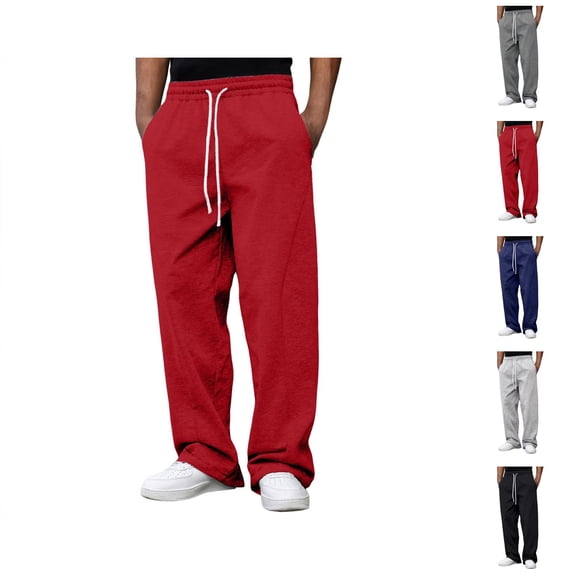 Casual Pants for Men 2025 Solid Color Drawstring Elastic Waist Straight Wide Leg Loose Pants with Pockets Trousers