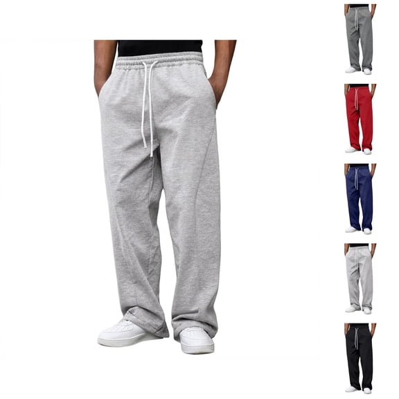 Casual Pants for Men 2025 Solid Color Drawstring Elastic Waist Straight Wide Leg Loose Pants with Pockets Trousers